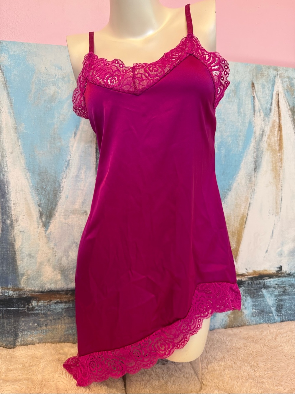 Lace Trim Satin Chemise - Fuchsia